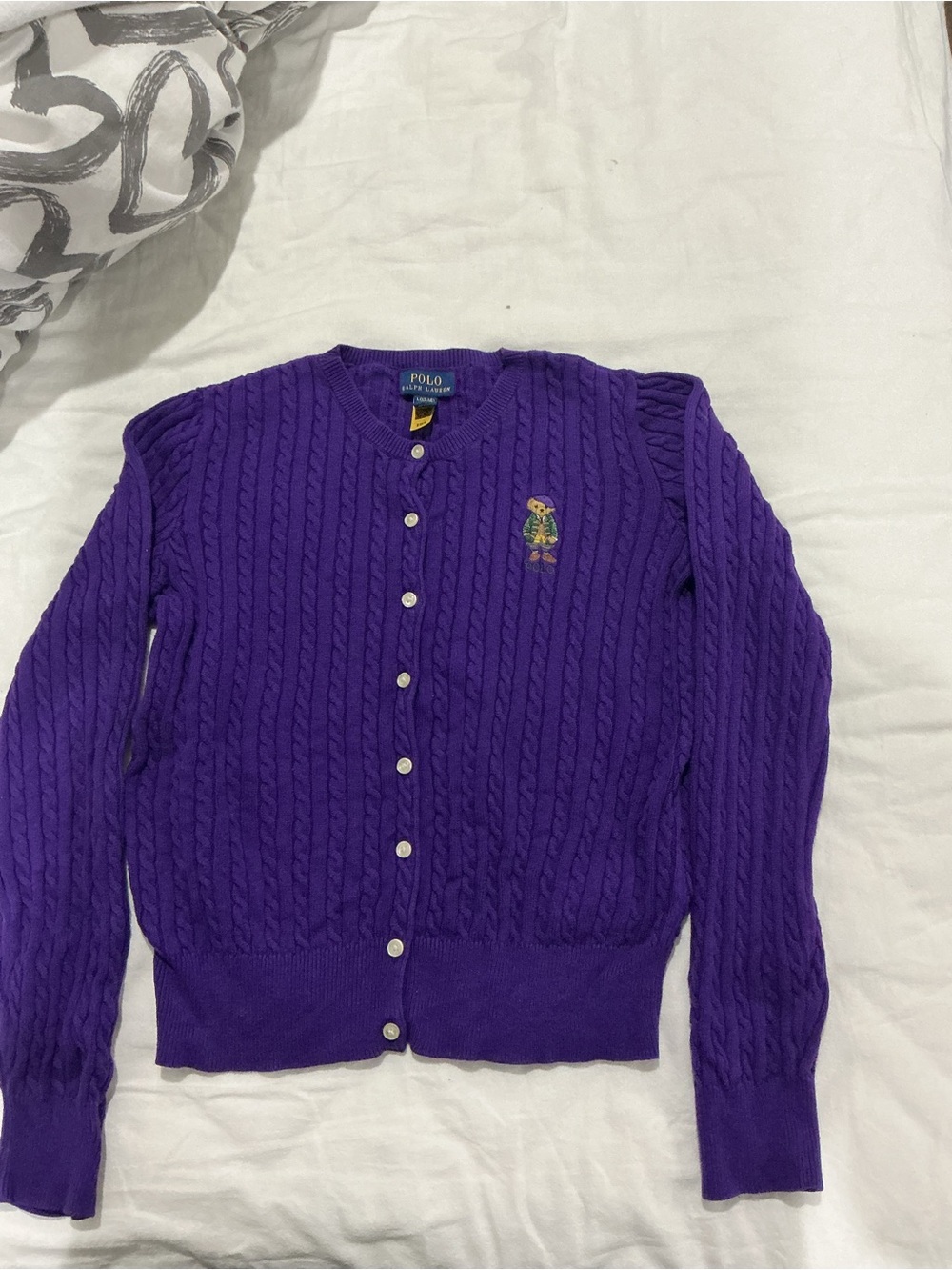 Polo by Ralph Lauren Vibrant Purple Cable-Knit Bear Button Cardigan